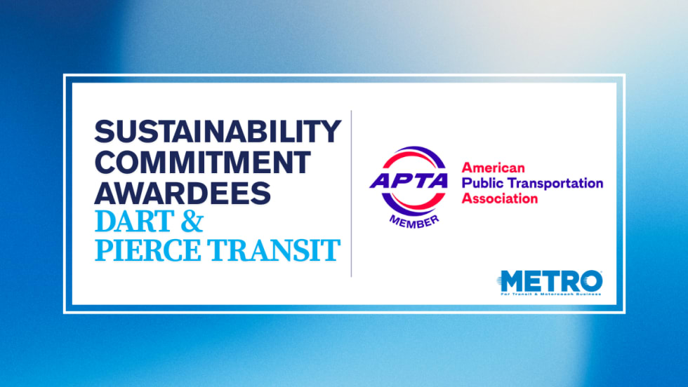 A blue and white graphic with an APTA logo and text reading, "Sustainability Commitment Awardees: DART & Pierce Transit."