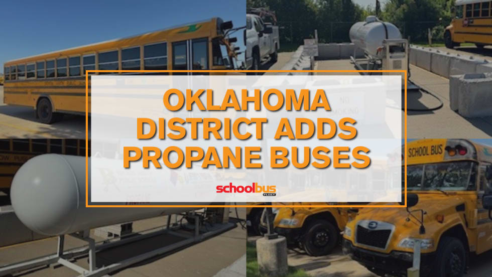 A collage of images showing the school district's propane buses and fueling infrastructure with text reading, "Oklahoma district adds propane buses."