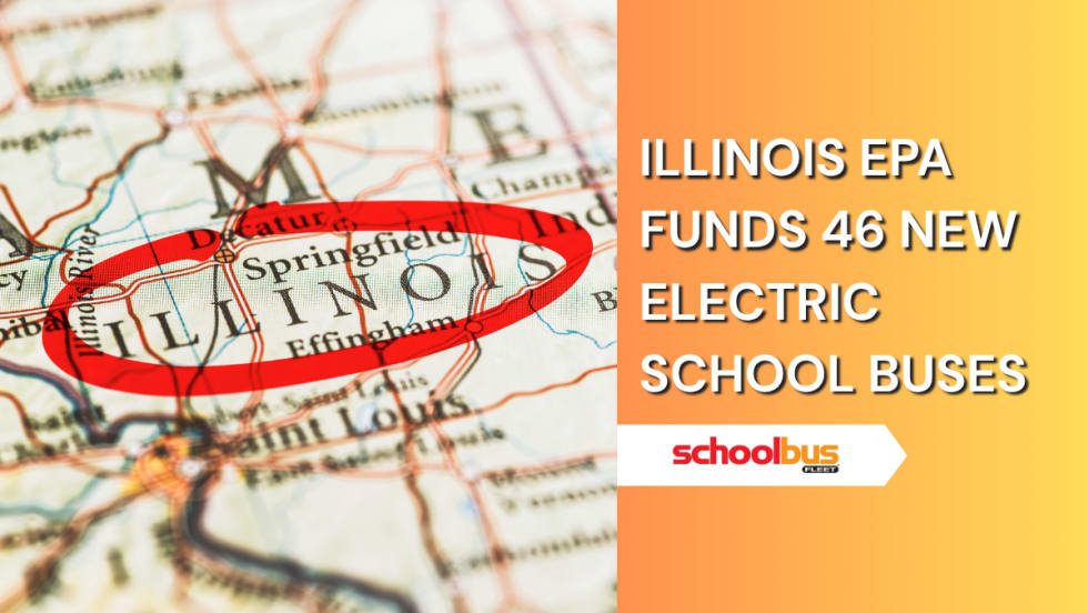 Illinois circled with red marker on a map with text reading, "Illinois EPA funds 46 news electric school buses."