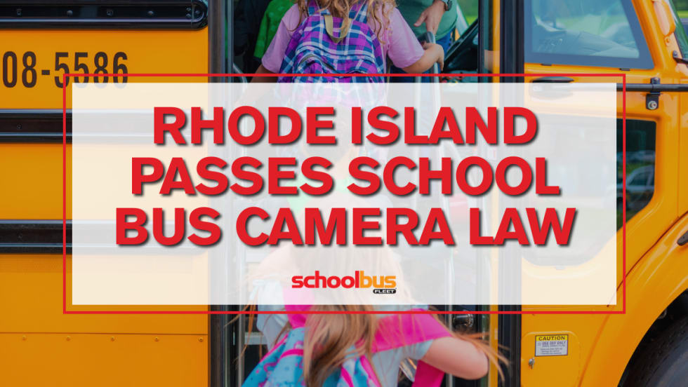 Children boarding a school bus with text reading "Rhode Island Passes School Bus Camera Law."