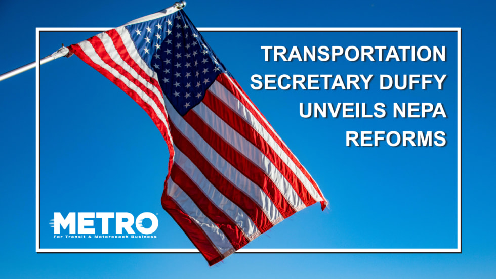 An American flag on a blue, cloudless sky with text reading, "Transportation Secretary Duffy Unveils NEPA Reforms". 