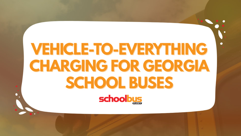 An orange and white graphic with text reading, "Vehicle-to-Everything Charging for Georgia School Buses."