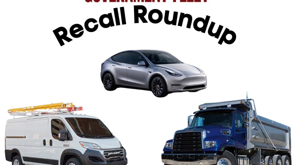 Three vehicles are shown, including a white Ram ProMaster cargo van with a yellow ladder on top, a silver Tesla Model Y, and a blue Freightliner 114SD truck with a dump body on the back.