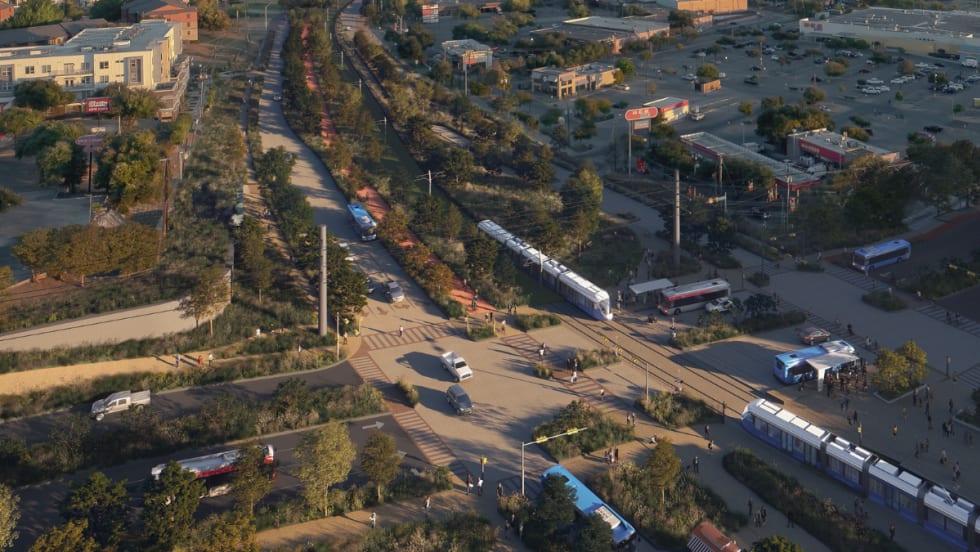 An aerial rendering of ATP's light rail in Austin.