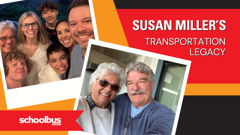 A polaroid collage of images of Susan Miller and her family, plus text reading, "Susan Miller's Transportation Legacy".