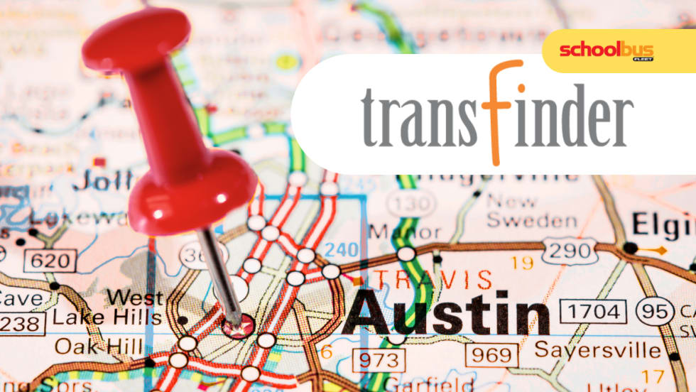 Map of Austin, Texas, with Transfinder and Schools Bus Fleet logos.