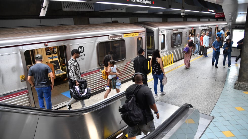 Riders boarding an L.A. Metro Train.