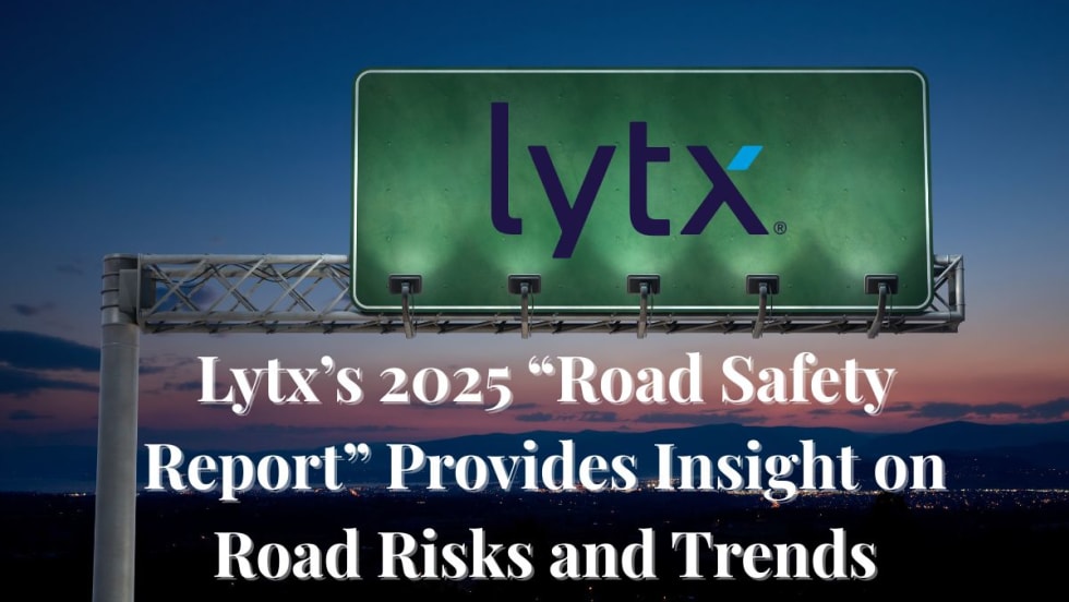 A graphic with the Lytx logo on a high way sign and writing that says "Lytx’s 2025 'Road Safety Report' Provides Insight on Road Risks and Trends” with a sunset skyline in the back.