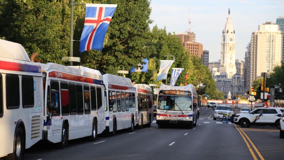 SEPTA buses parked outside a democratic national convention.
