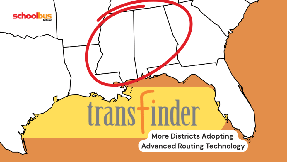 Map of the southeast united states with a Transfinder company logo and text reading "More Districts Adopting 
Advanced Routing Technology."