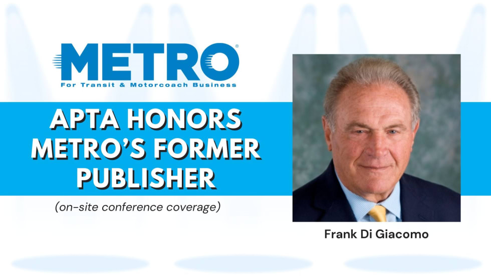 A blue and white graphic with a headshot of Frank Di Giacomo and text reading "APTA Honors METRO's Former Publisher."