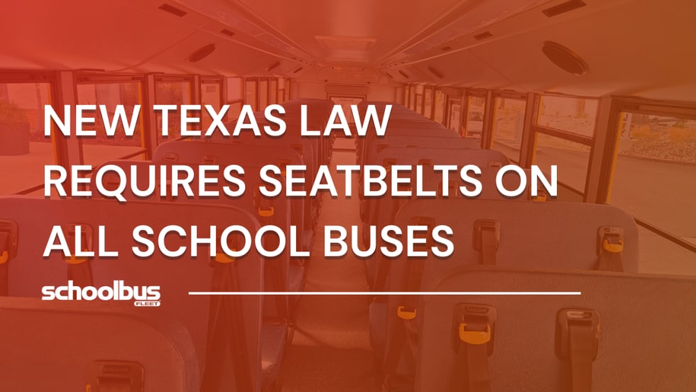 Interior of a school bus showing rows of seats with integrated three-point seat belts, highlighting Texas’ new law requiring seat belts on all school buses.