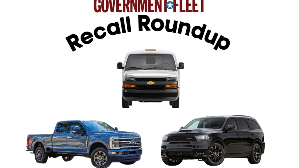 A blue Ford F-350 Limited, a white Chevrolet Express Commercial Cutaway, and a black Dodge Durango are shown in a photo that says 'recall roundup'.