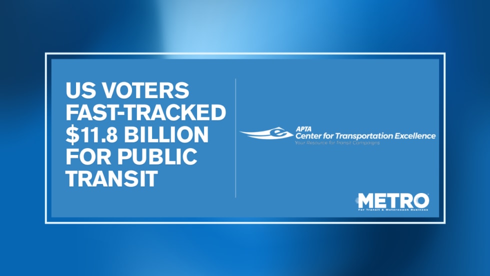A blue and white graphic with text reading "US Voters Fast-Tracked $11.8 Billion for Public Transportation."