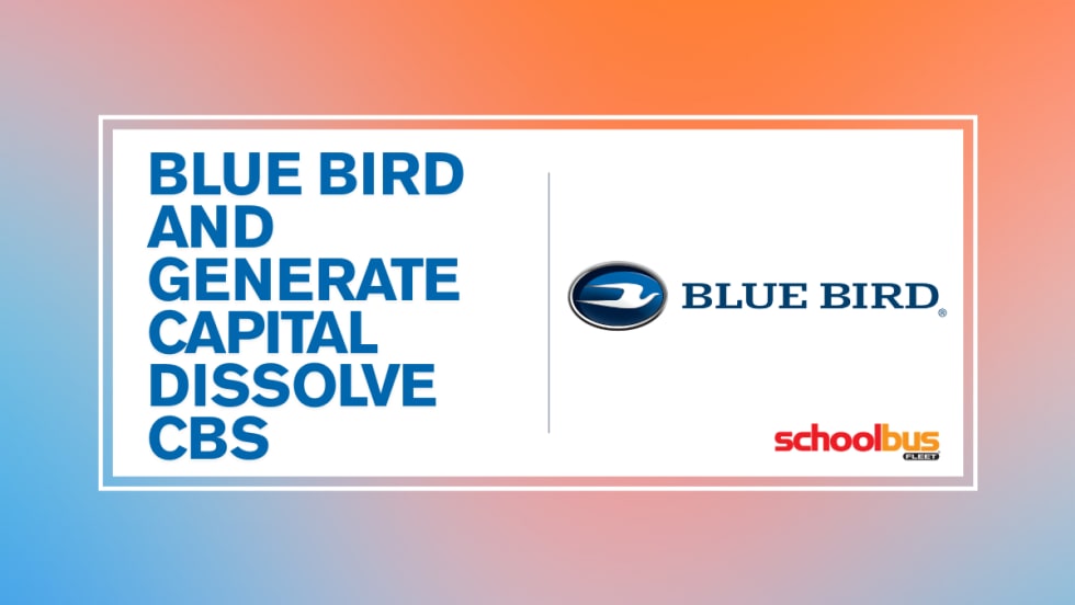 A blue, orange, and white graphic with text reading "Blue Bird and Generate Capital Dissolve CBS."