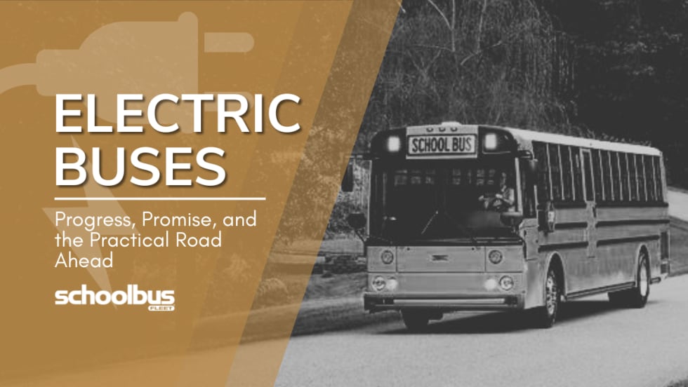 A black and white image of a Thomas Built Wattson bus with text reading "Electric Buses: Progress, Promise, and the Practical Road Ahead."