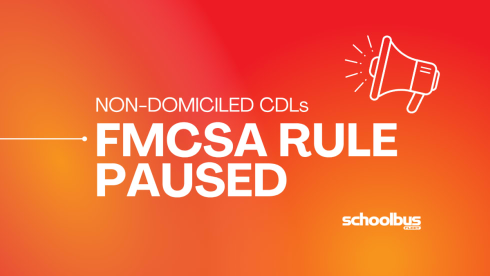 Orange and red graphic with text reading "Non-Domiciled CDLs: FMCSA Rule Paused."
