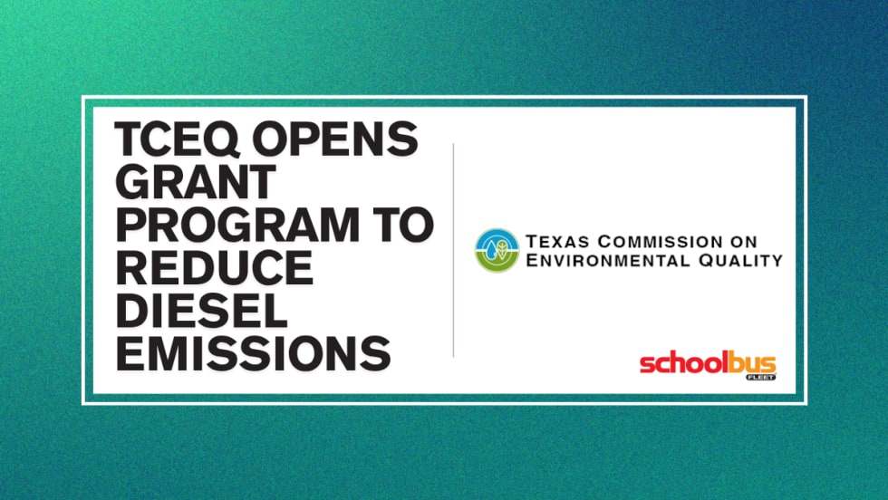 A blue, green, and white graphic with text reading "TCEQ Opens Grant Program To Reduce Diesel Emissions."