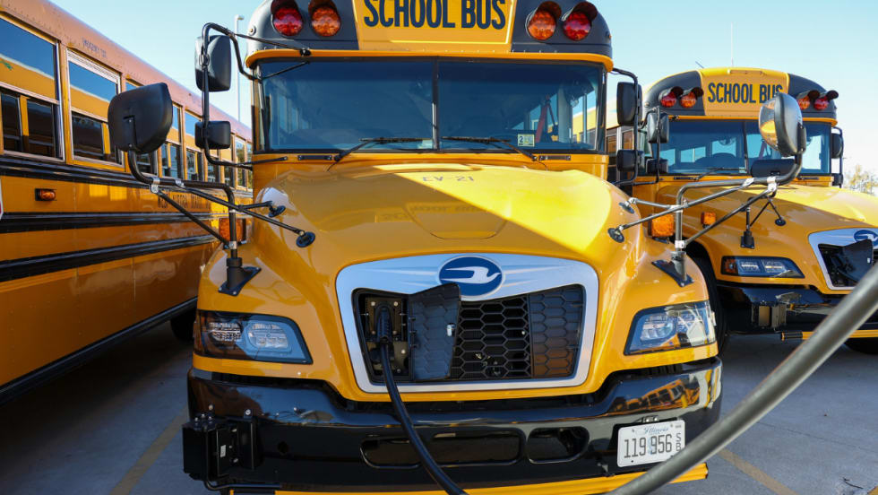Front view of an all-electric Blue Bird school bus.
