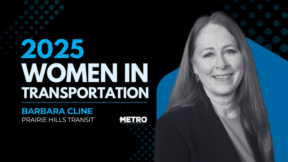 A blue, black, and white graphic with a portrait of Barbara Cline and text reading "2025 Women in Transportation, Barbara Cline, Prairie Hills Transit."