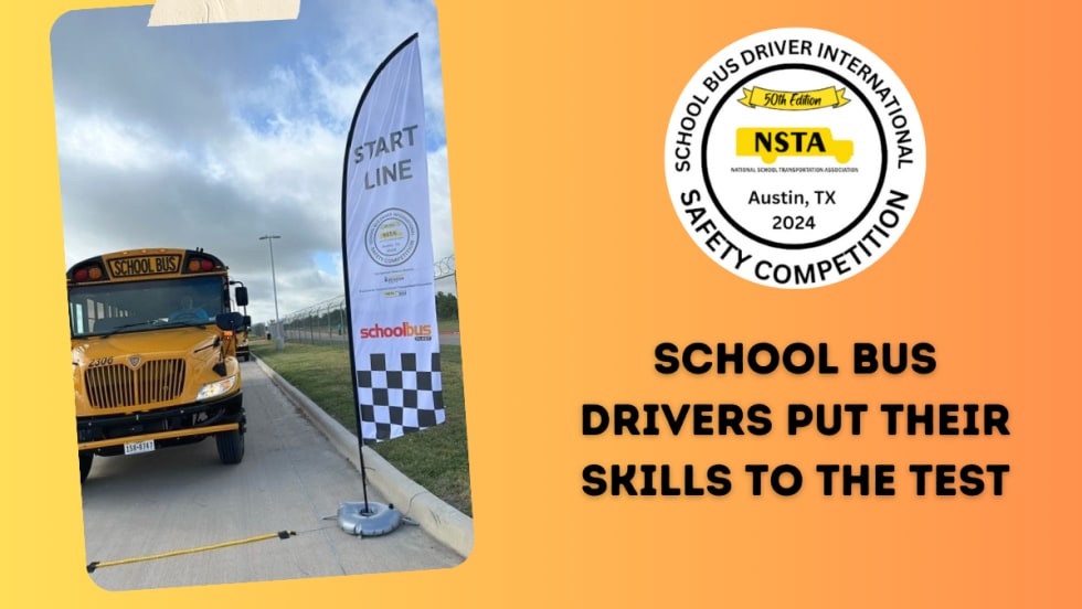 A school bus sits at the start line waiting for the competition to begin. A white flag shows the SBDISC logo, along with the School Bus Fleet logo.