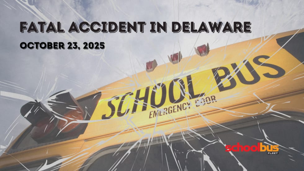 The top of a school bus with text reading "Fatal Accident in Delaware."
