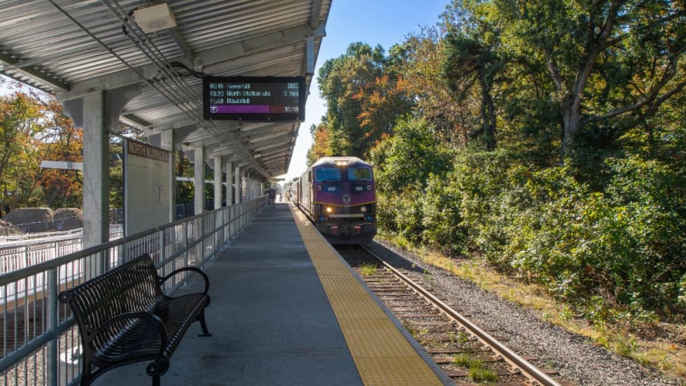 A purple commuter train at the North Wilmington Station.