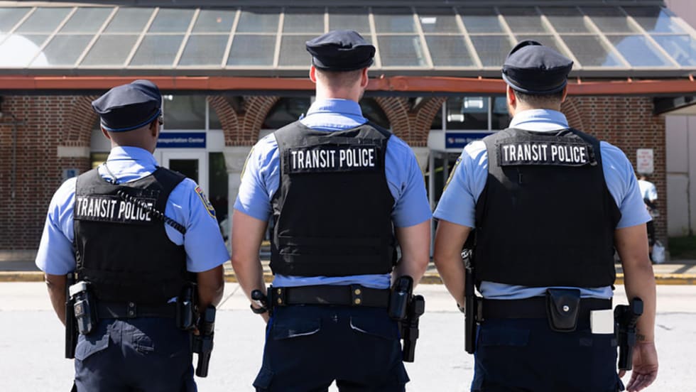 The back of three SEPTA Transit Police.