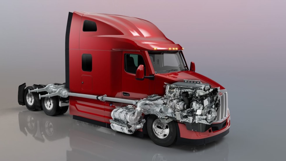 Cut-away of a Peterbilt Model 579 tractor with a Paccar MX-13 CARB compliant engine.