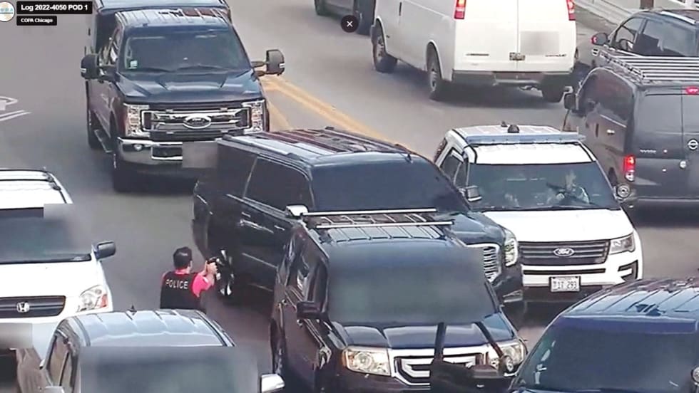 Video from a Police Observation Device (POD) camea shows a Chicago police officer fire shots at a suspect's vehicle.[|CREDIT|]PHOTO: Civilian Office of Police Accountability