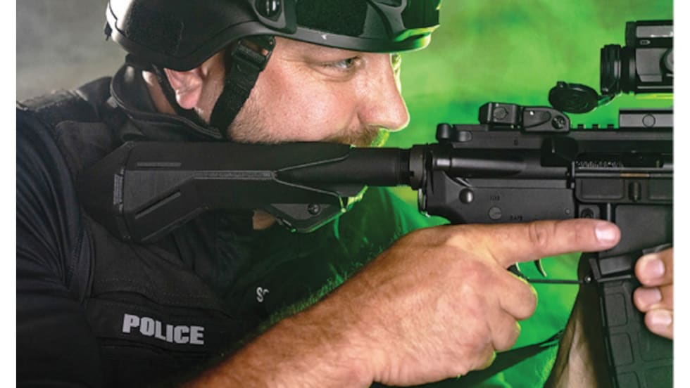 The Valiant Dynamics’ EvolvR Combat Stock makes it easier for officers who wear exterior vest carriers or tactical armor to achieve a proper shooting position when using a long gun. The EvolvR fits on the buffer tube and features an eight-position rotating butt-pad so that shooters can choose their preferred setting.[|CREDIT|]Photos: Valiant Dynamics