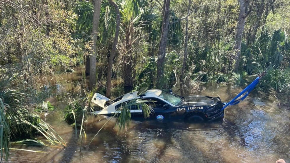 The trooper’s car was washed away but was retrieved Sunday by the Ocala Police Department and the Marion County Sheriff’s Office.[|CREDIT|]PHOTO: Ocala Police Department