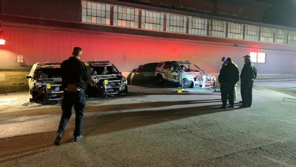 Arson investigators and the ATF are investigating fires that destroyed three police vehicles parked outside a training academy in Pittsburgh, PA.[|CREDIT|]PHOTO: Pittsburgh Bureau of Police
