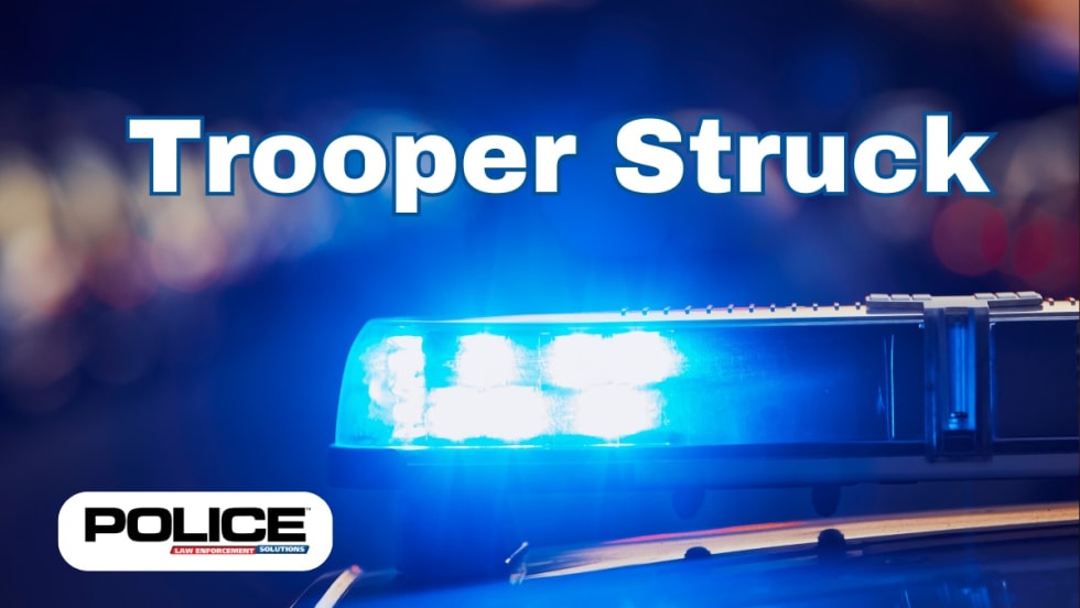 Police emergency light bar with blue flashing lights, headline 'Trooper Struck'