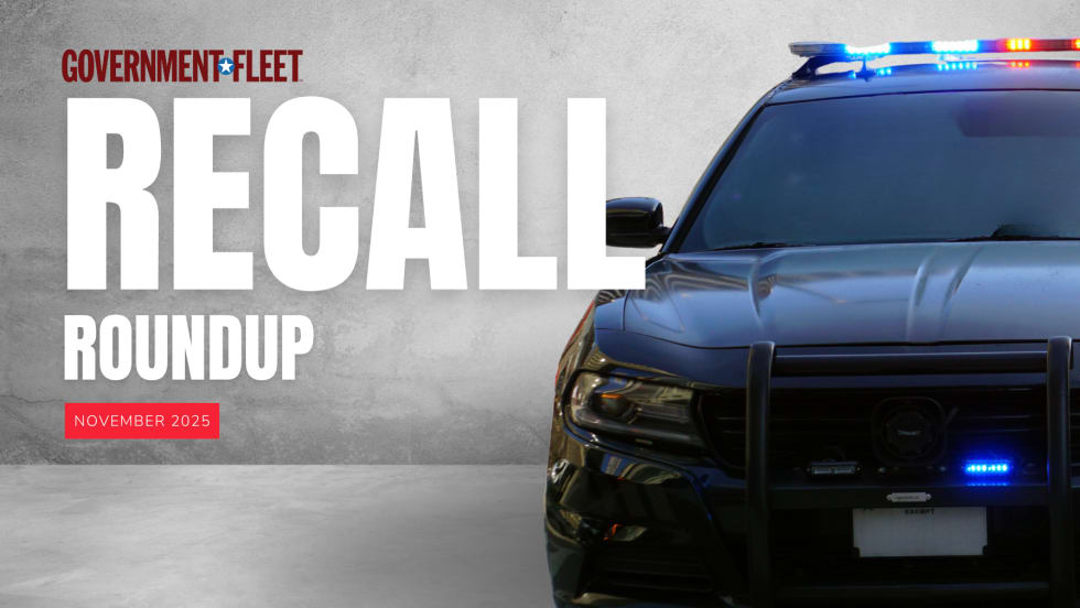 Graphic for Government Fleet’s October 2025 Recall Roundup showing a black police vehicle and bold text reading “RECALL ROUNDUP” with a red tag labeled “November 2025” on a concrete background.