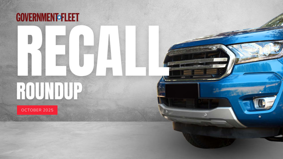 Graphic for Government Fleet’s October 2025 Recall Roundup showing a blue pickup truck and bold text reading “RECALL ROUNDUP” with a red tag labeled “October 2025” on a concrete background.