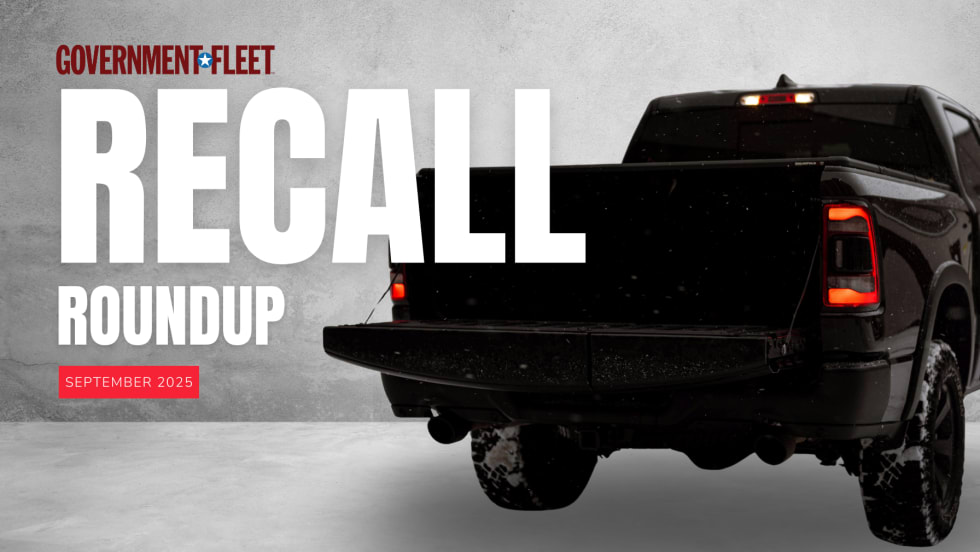 Black pickup truck with tailgate down on a gray background, alongside bold text reading “Government Fleet Recall Roundup, September 2025.”