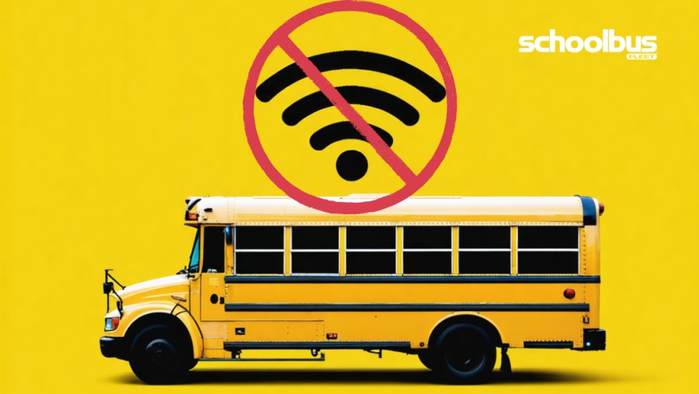 A yellow school bus on a bright yellow background with a large “no Wi-Fi” symbol above it