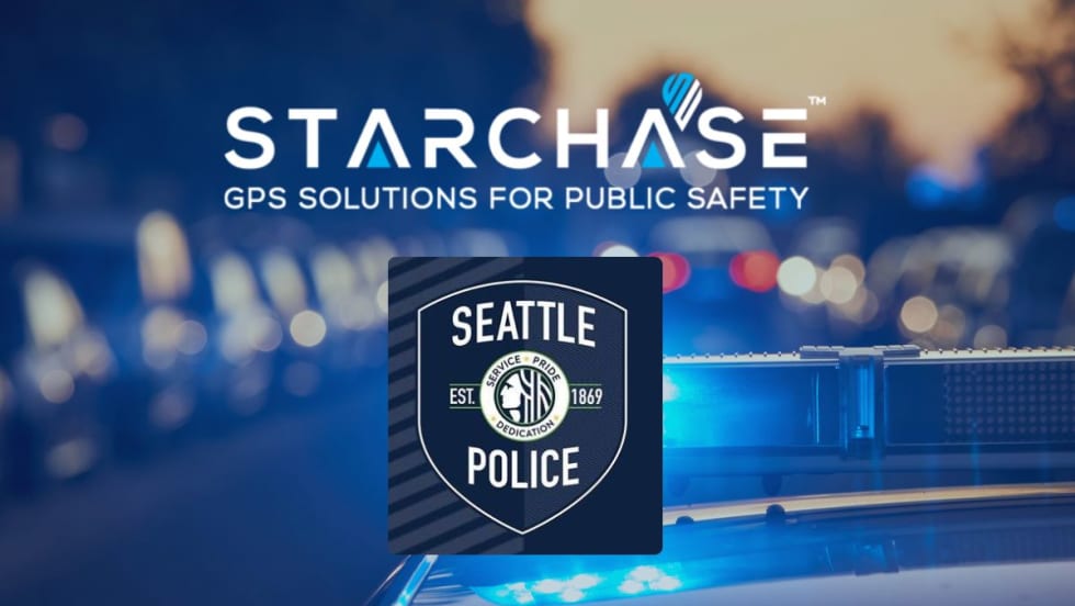  A background picture of a police car with the patrol lights on and the Seattle Police Department and StarChase logos.