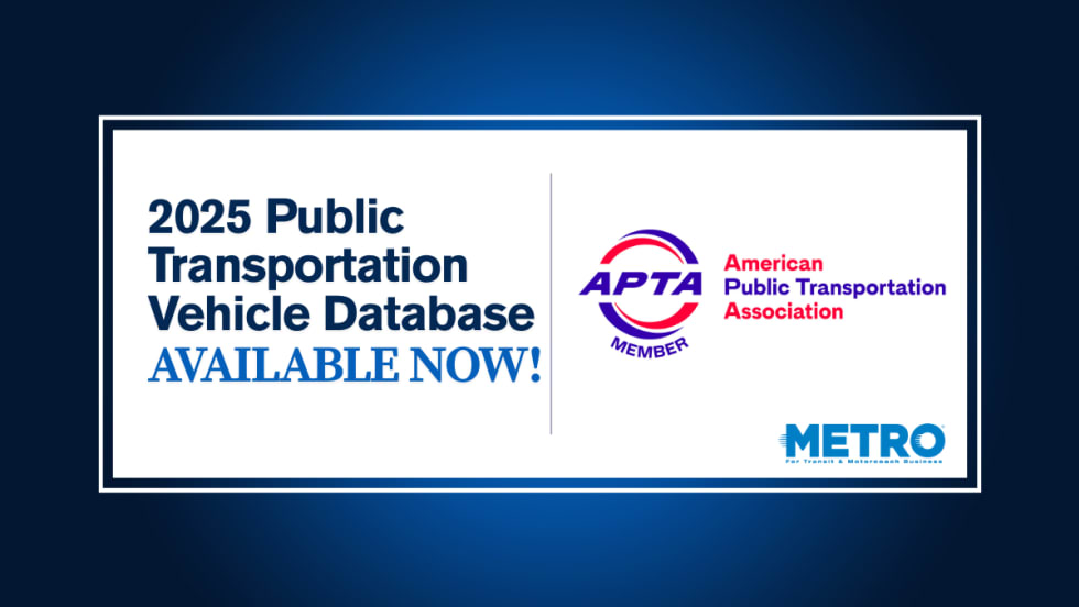 A blue and white graphic with an APTA logo and text reading "2025 Public Transportation Vehicle Database AVAILABLE NOW!"