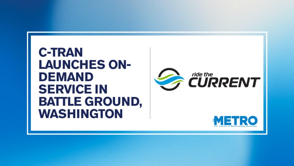 A blue and white graphic with The Current logo and text reading "C-TRAN Launches On-Demand Service in Battle Ground, Washington."