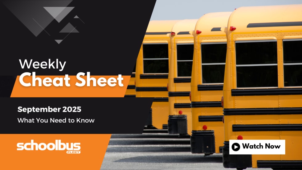 A black and orange graphic with a line up with school buses. Text reads "Weekly Cheat Sheet: September 2025, What You Need to Know."