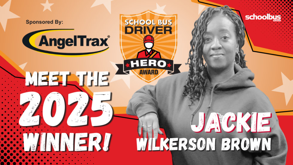 A red and orange graphic with a black and white portrait of Jackie Wilkerson Brown. Text reads, "Meet the 2025 Winner! Jackie Wilkerson Brown."