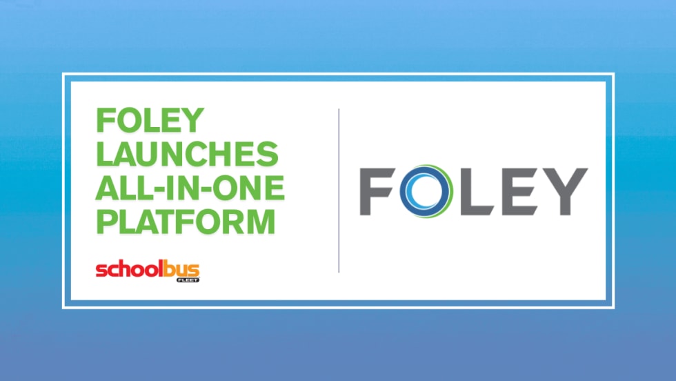 Blue, white and green graphic with a Foley logo and text reading "Foley Launches All-in-One Platform."