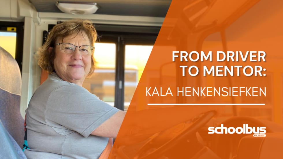 Kala Henkensiefken poses for a photo in the driver's seat of a school bus. Text reads: "From Driver to Mentor: Kala Henkensiefken."