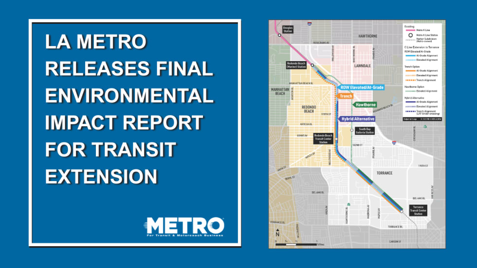 A blue and white graphic with a map of LA Metro's proposed C Line.