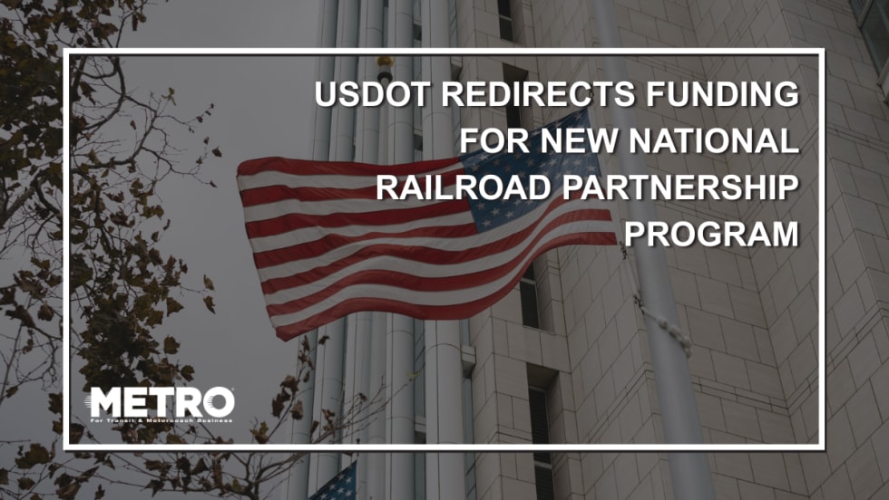 A graphic with an American flag and text reading USDOT Redirects Funding for New National Railroad Partnership Program.