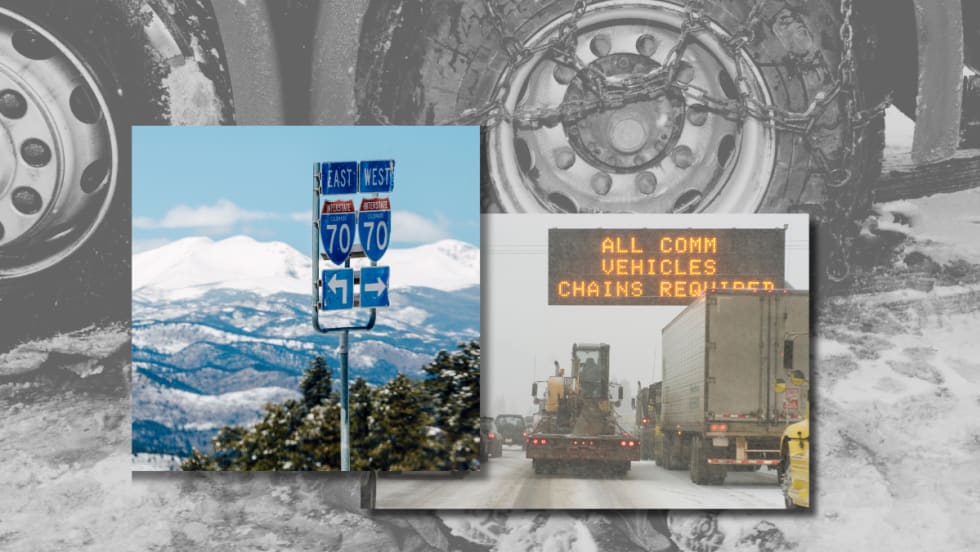 Illustration of truck tire chains and Colorado snowy highways