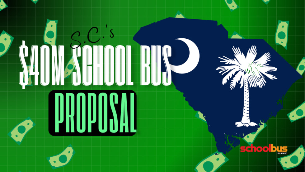 an outline of south carolina, overlay of money, and text that says "S.C's $40M school bus proposal"