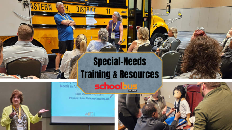 Composite image showing school transportation professionals participating in special-needs training sessions, including hands-on demonstrations and classroom instruction, with a school bus visible in 